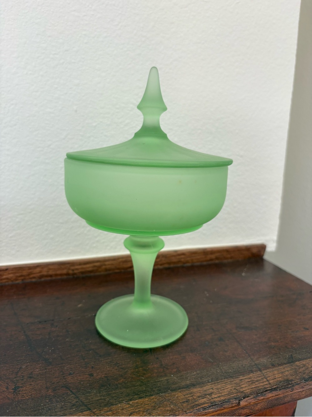 Vintage from the 1930’s Frosted Green Glass vessel with lid.